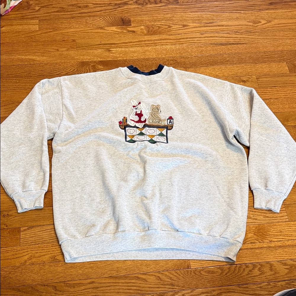 Vintage Cozy Embroidered Light Gray Mockneck Sweatshirt